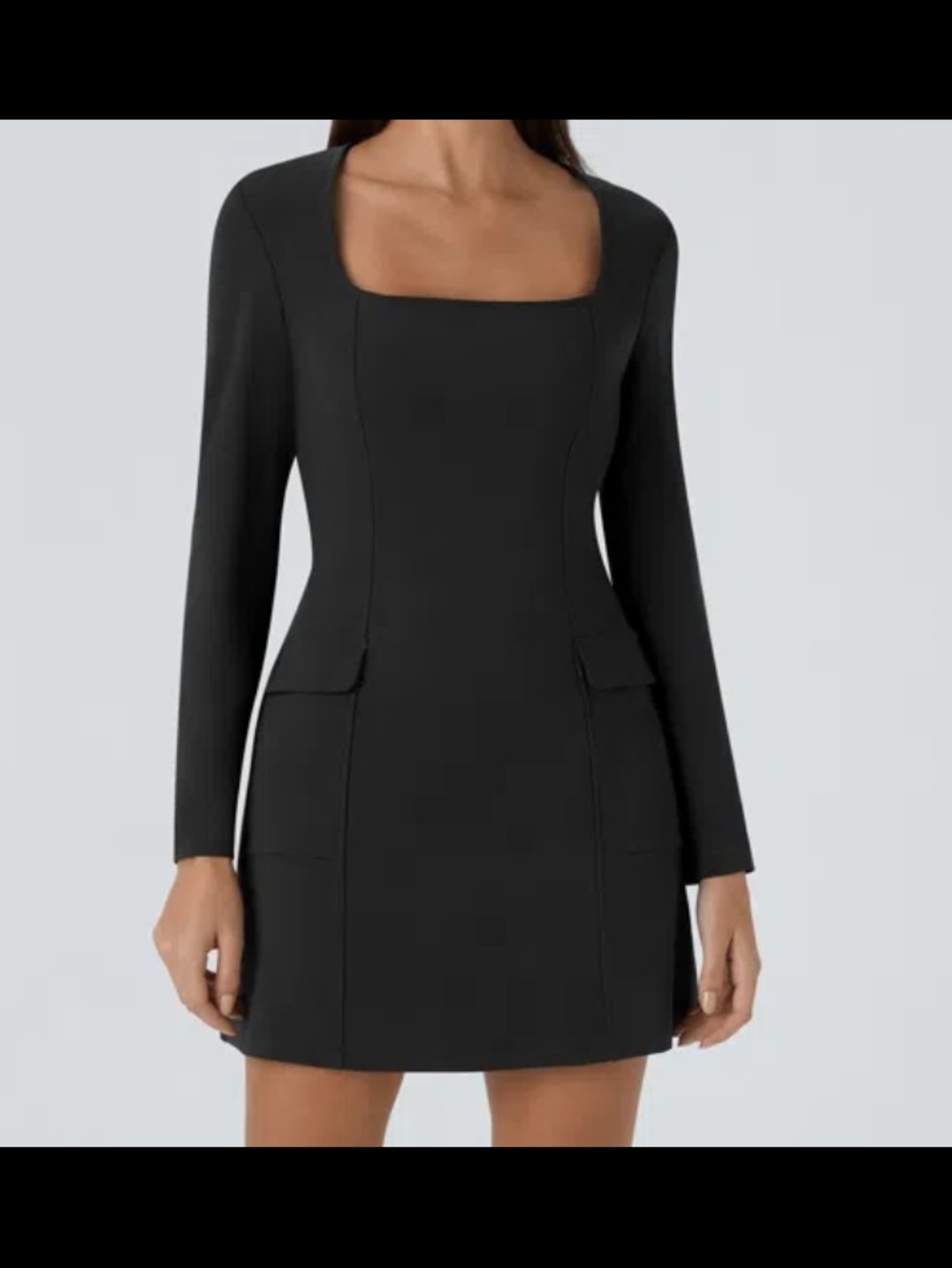 HALARA Black Long-Sleeve Square-Neck Mini Dress